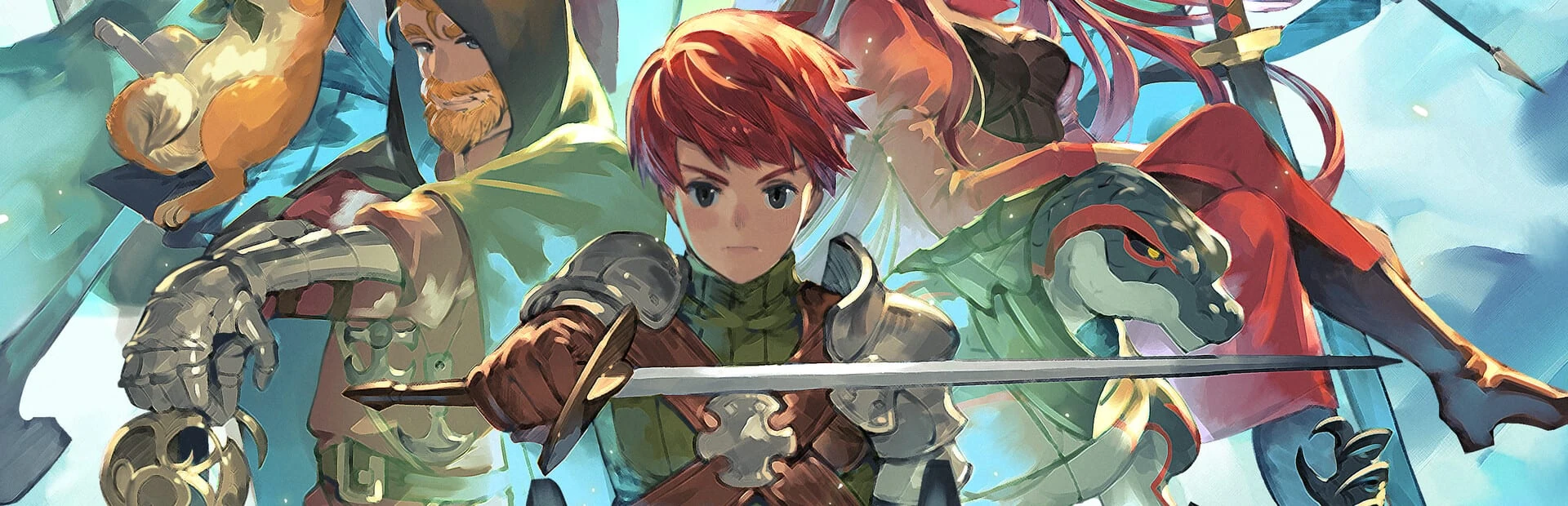 Ilustración de los protagonistas: en el centro, un joven pelirrojo con armadura de cuero sostiene una espada, rodeado de sus compañeros