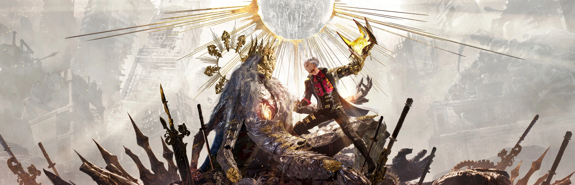 Arte oficial: un joven de pelo blanco con un arma dorada frente a un coloso coronado, entre espadas clavadas y bajo un sol de rayos dorados