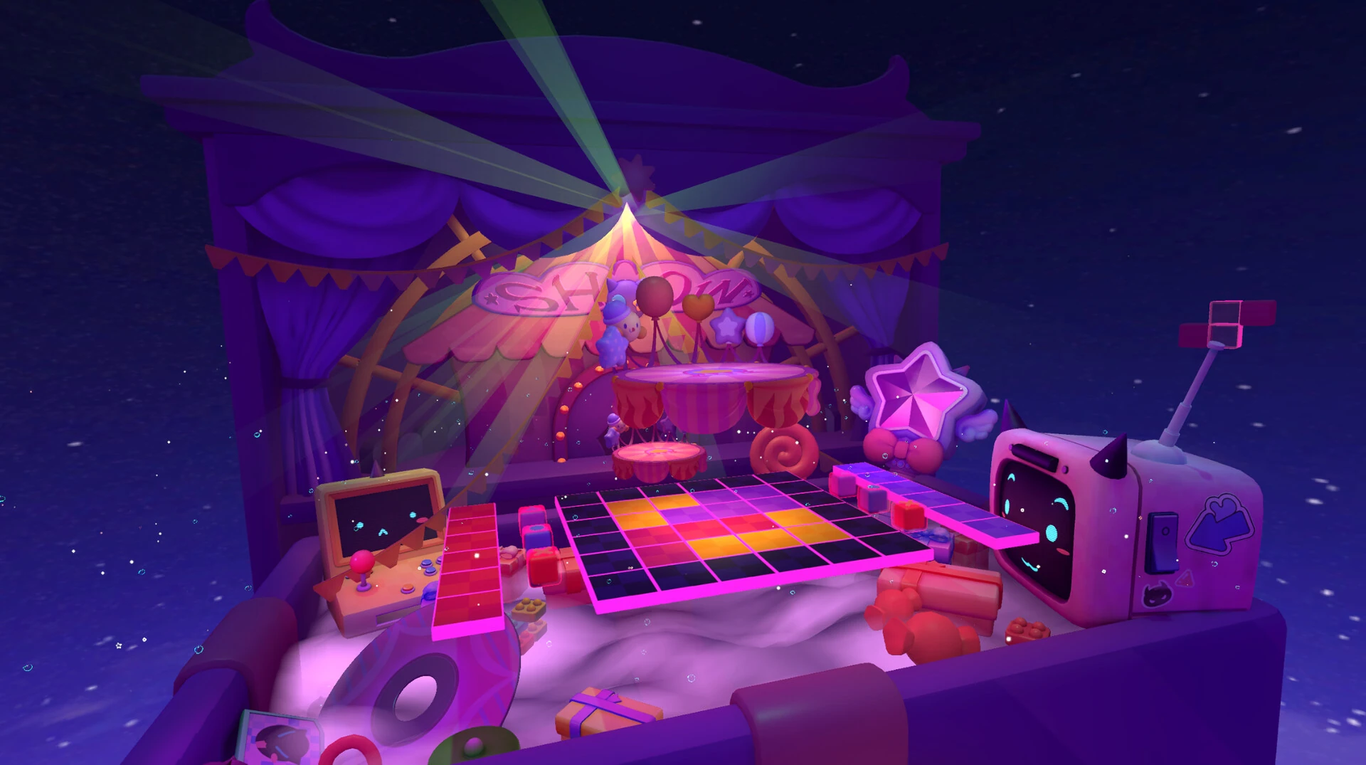 Escenario de juguete violeta con un escenario de circo, un suelo de baldosas de colores y un televisor sonriente