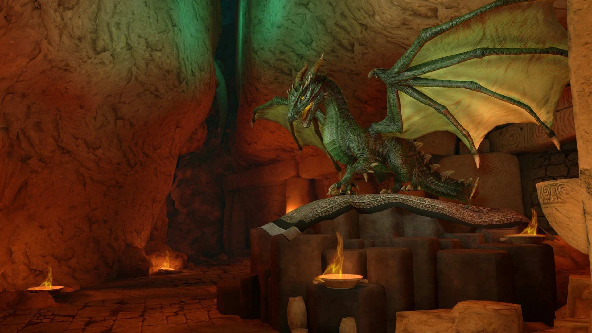 Un dragón verde con las alas abiertas sobre una alfombra, en una sala de piedra iluminada por braseros