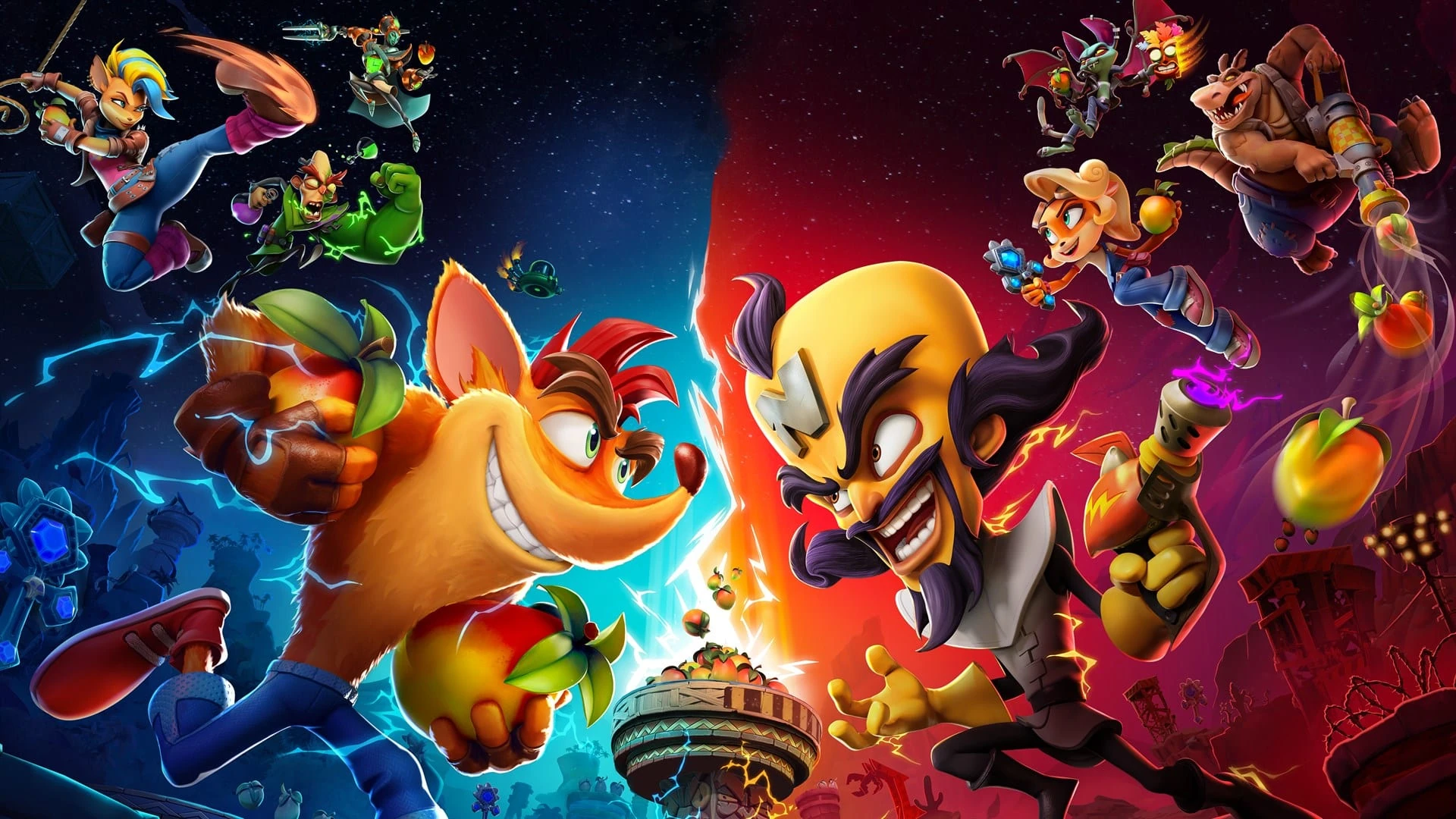Ilustración con Crash y Cortex enfrentados en el centro y los demás personajes saltando a su alrededor