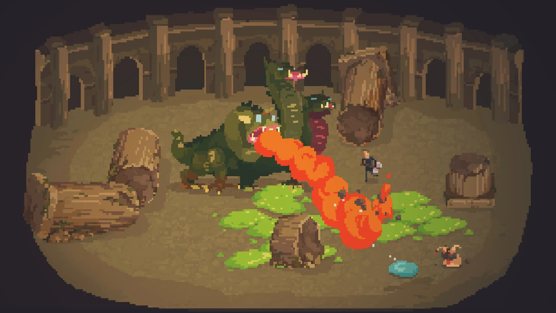 Pixel art: en una cueva con arcos, un dragón verde de varias cabezas escupe fuego naranja hacia un héroe diminuto, entre troncos y ácido