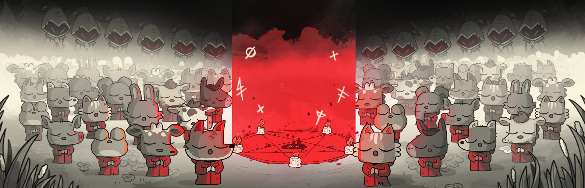Decenas de adeptos con forma de animalitos, con túnicas rojas y ojos cerrados, rodean un pentagrama con velas bajo una nube roja