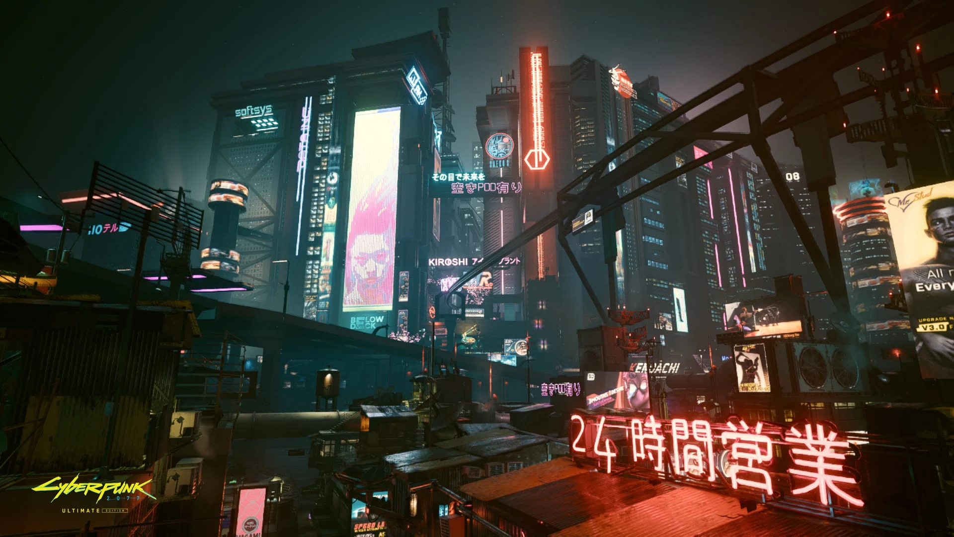 Rascacielos de Night City de noche, con pantallas gigantes y un rótulo de neón rojo en japonés sobre los tejados
