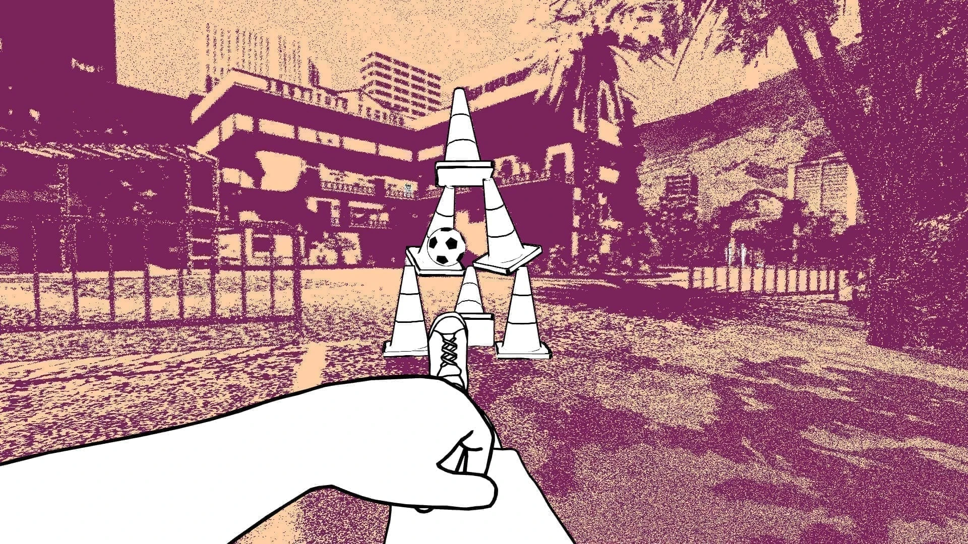 Una mano dibujada señala un balón colocado sobre unos conos en un parque, con edificios y montañas al fondo, todo en tonos morados
