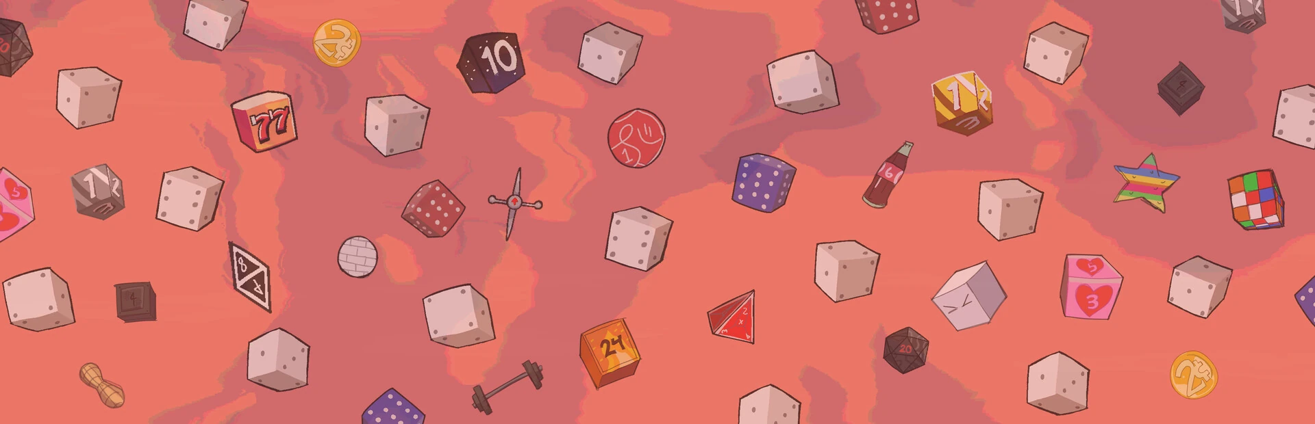 Ilustración oficial: dados de muchas formas y colores esparcidos sobre un fondo rosa