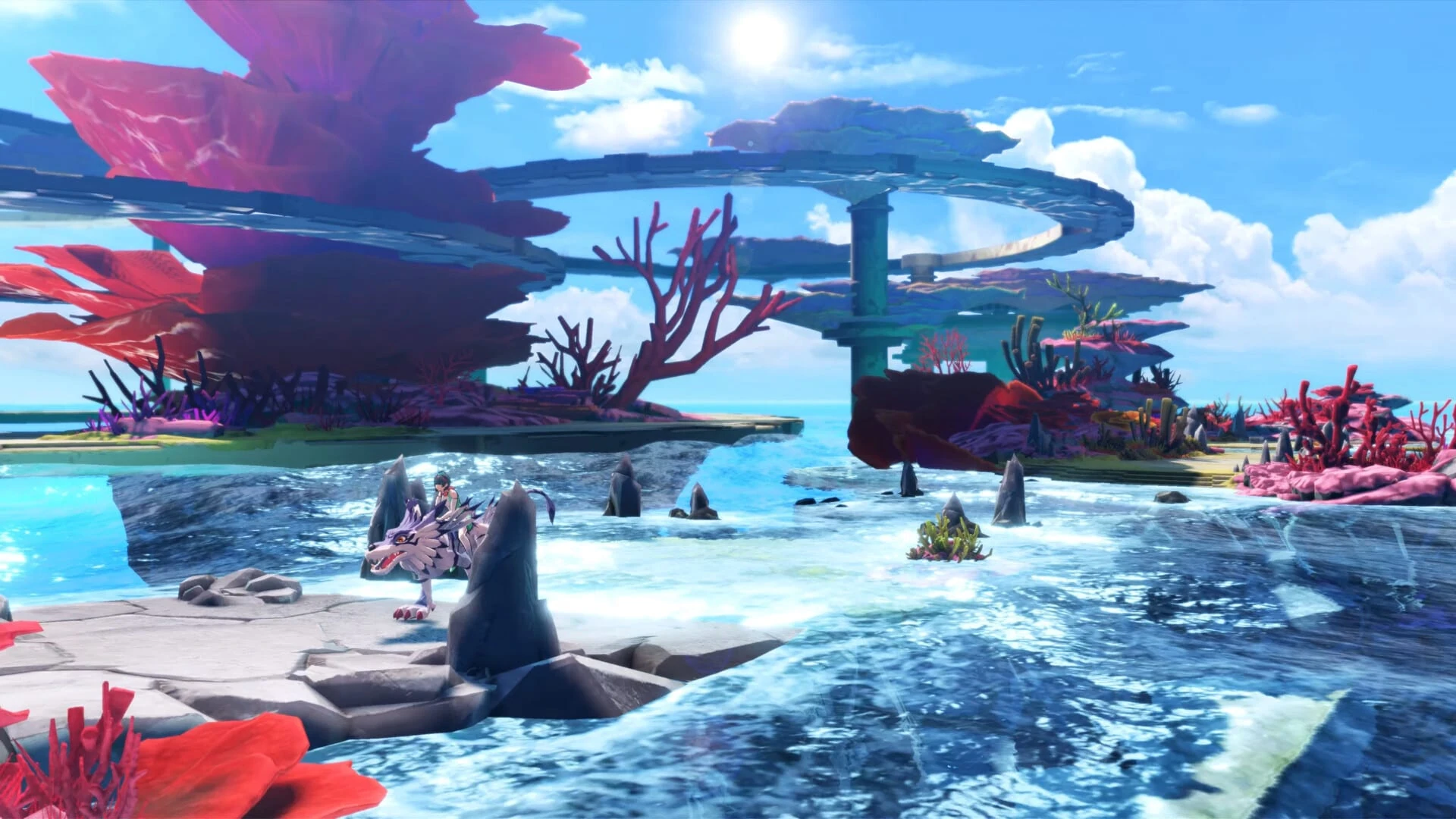 Paisaje del mundo digital: costa de agua turquesa, corales rojos gigantes y un anillo de piedra suspendido