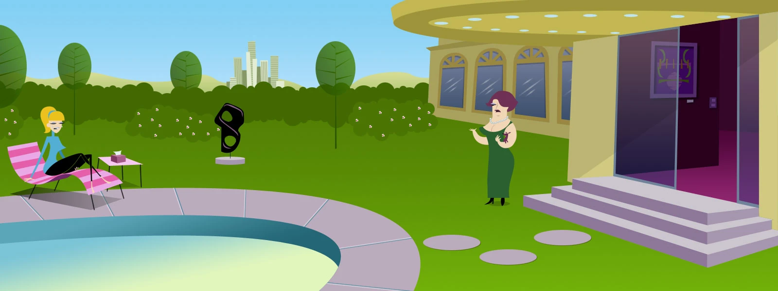Jardín soleado de una mansión con piscina: una joven rubia en una tumbona rosa y una señora de vestido verde junto a la puerta de cristal