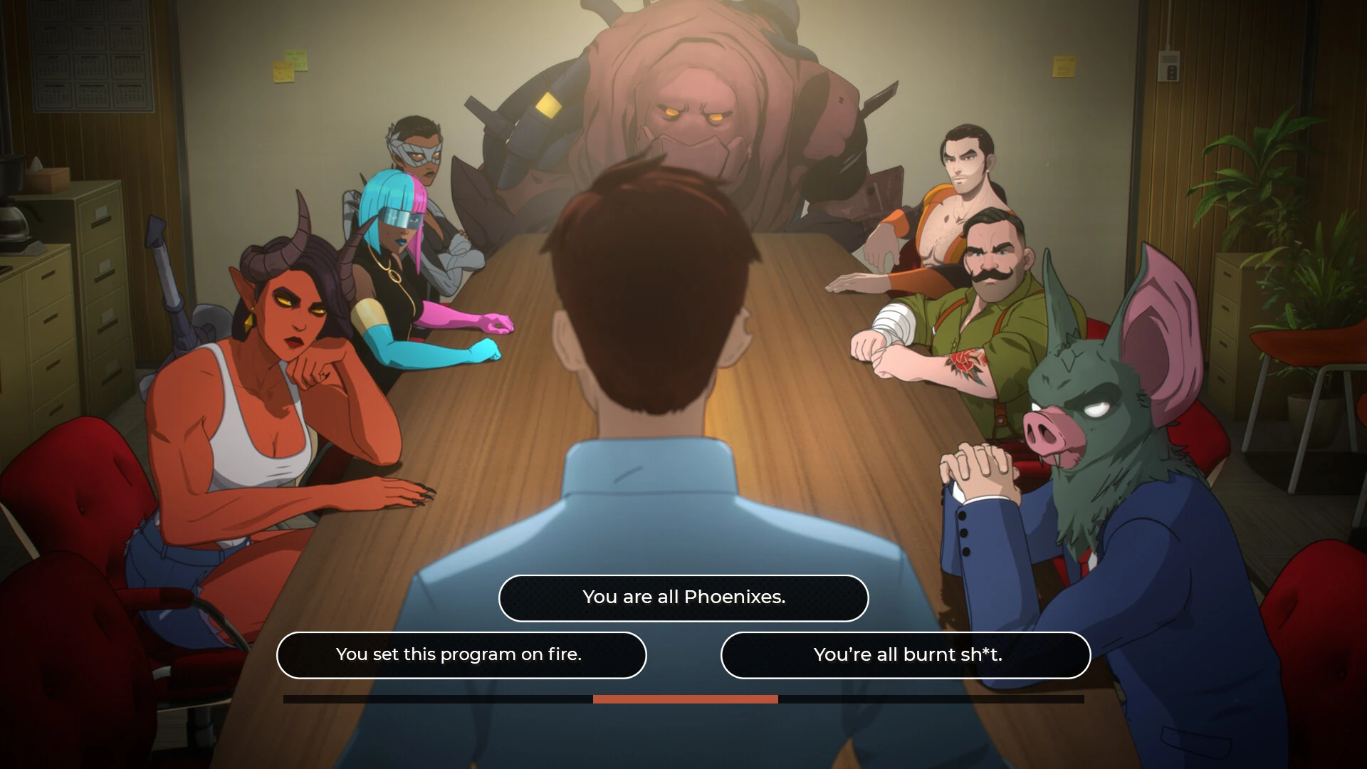 Robert, de espaldas, preside una mesa de reuniones rodeado por los antiguos villanos del equipo Z, entre ellos un hombre murciélago y una demonia