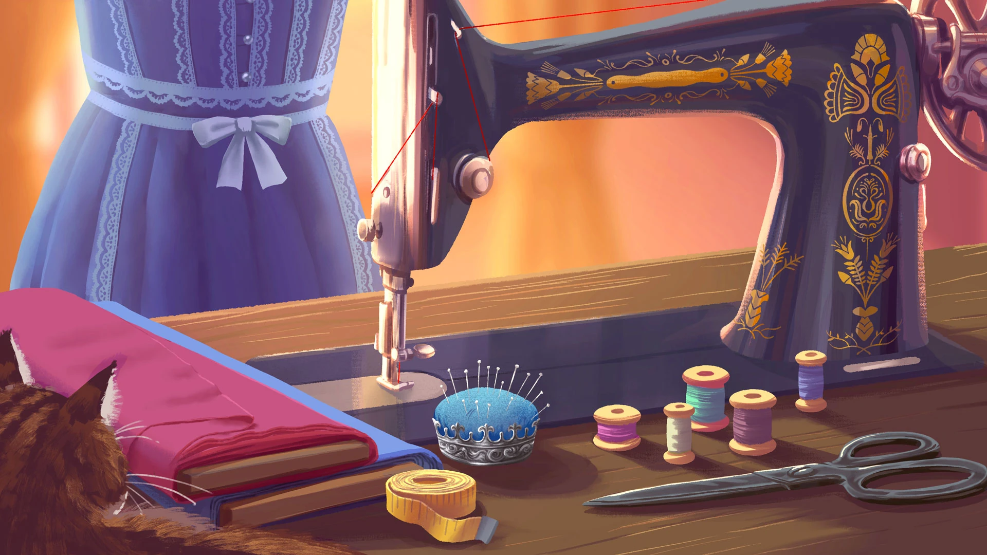 Ilustración de una máquina de coser antigua con adornos dorados, con carretes de hilo, tijeras y un acerico sobre la mesa y un vestido azul al fondo