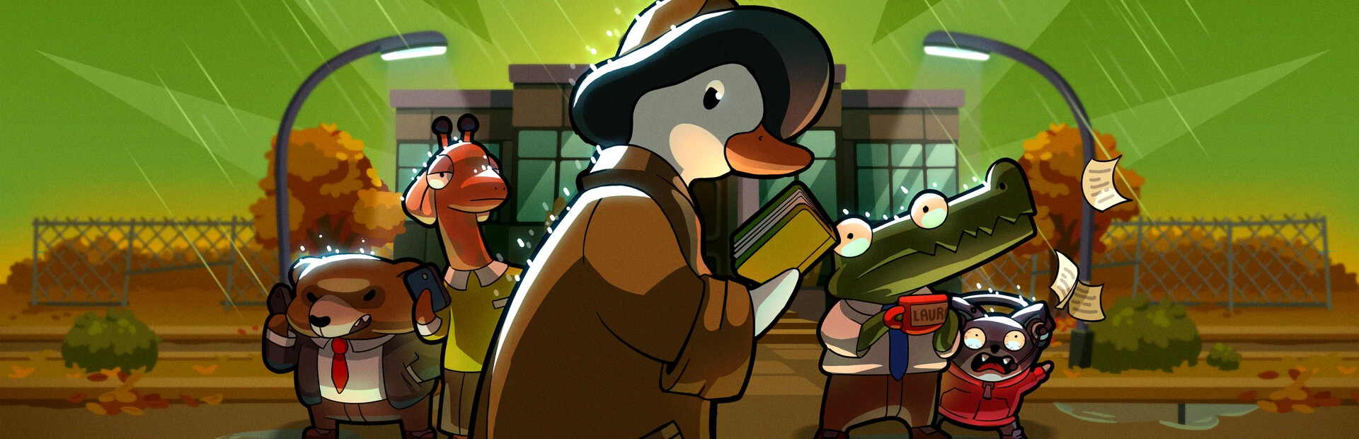 El pato detective con su libreta ante un edificio de oficinas bajo la lluvia, rodeado de sospechosos: una jirafa, un cocodrilo y otros dos animales