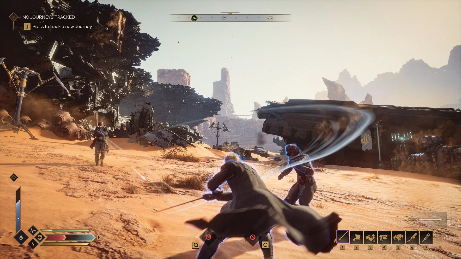 Combate cuerpo a cuerpo en el desierto entre dos personajes rodeados por el halo azul de un escudo Holtzman