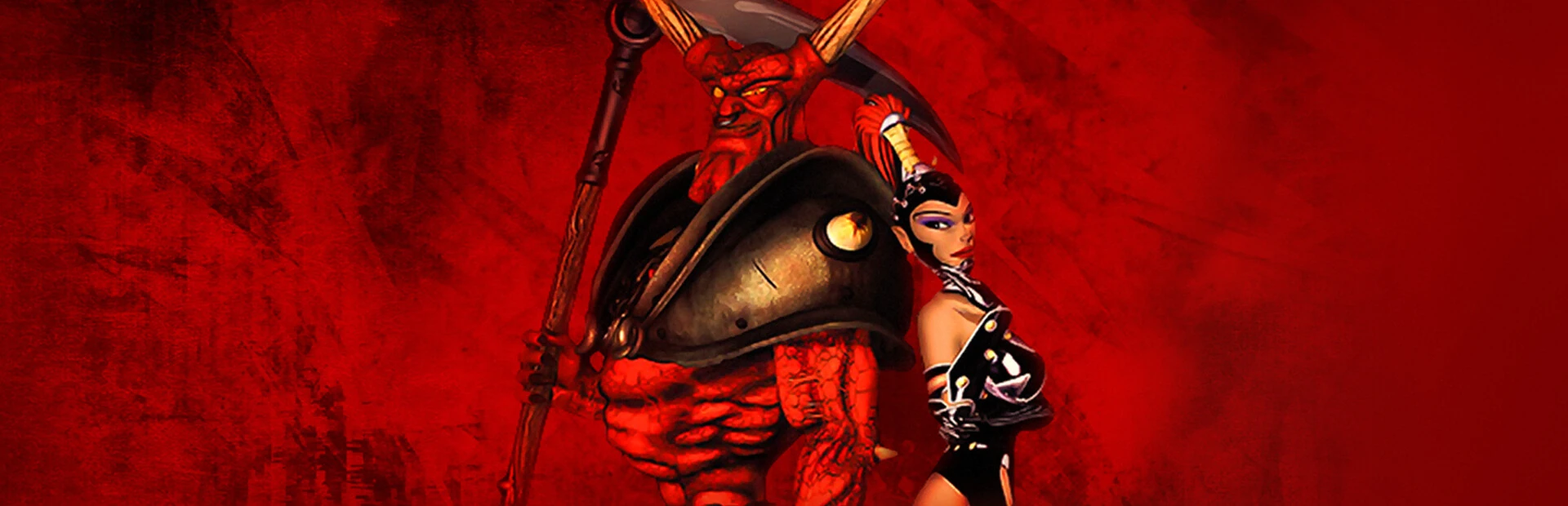 Horny, el demonio rojo de cuernos y guadaña, junto a una criatura con armadura negra sobre un fondo rojo