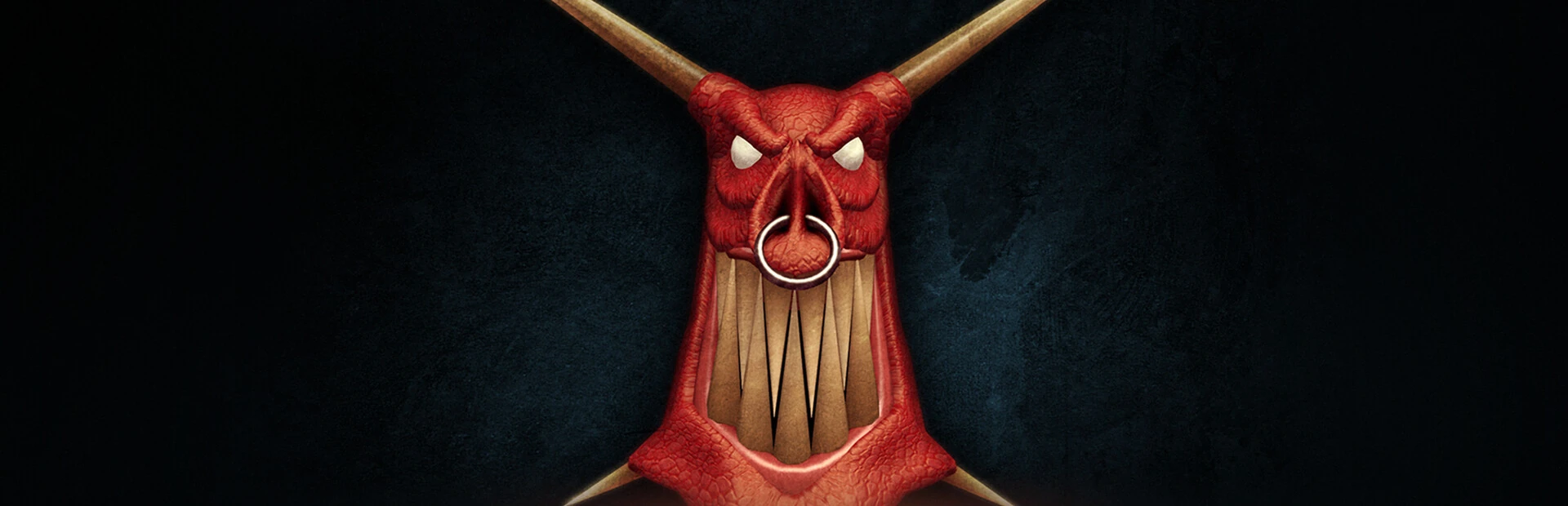 La cara del demonio con cuernos de Dungeon Keeper, con aro en la nariz y colmillos, sobre un fondo oscuro