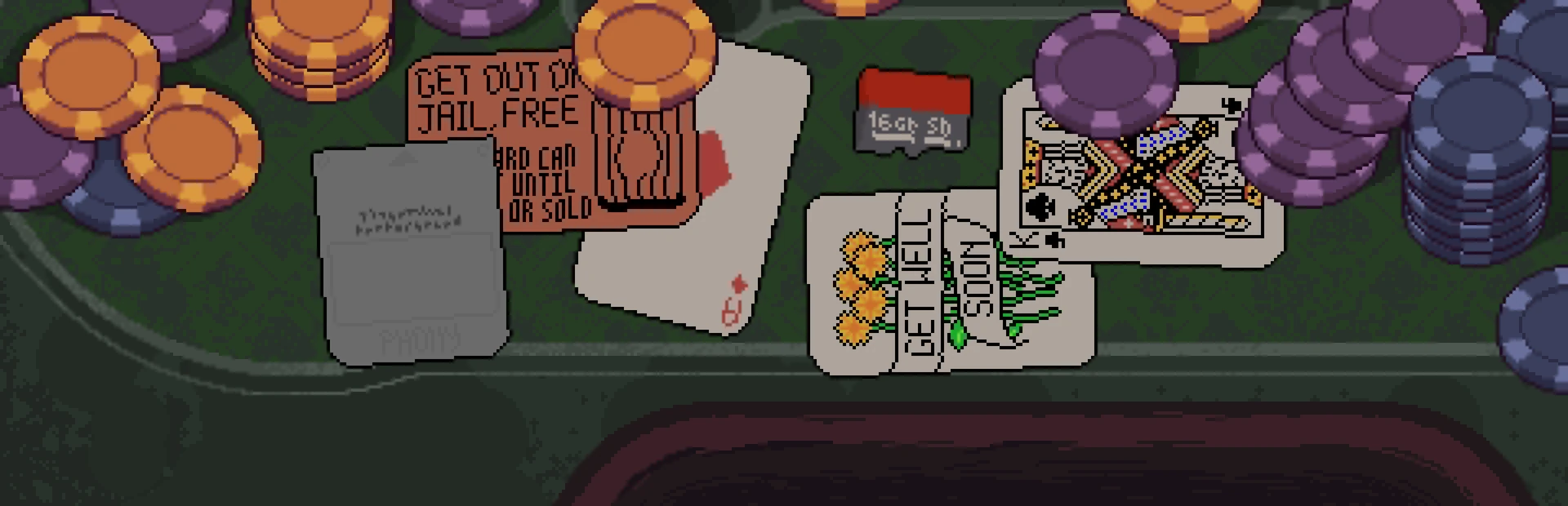 Arte oficial en pixel art: fichas de casino y cartas raras sobre un tapete verde, entre ellas una de «Get well soon»