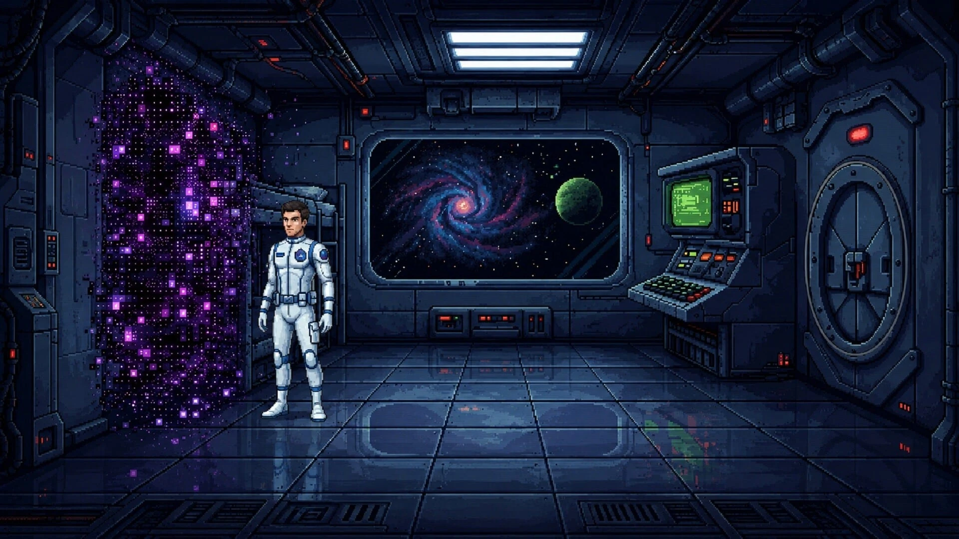 John, con traje blanco, en un camarote de la nave junto a una nube de píxeles violetas, con una galaxia en espiral tras el ventanal