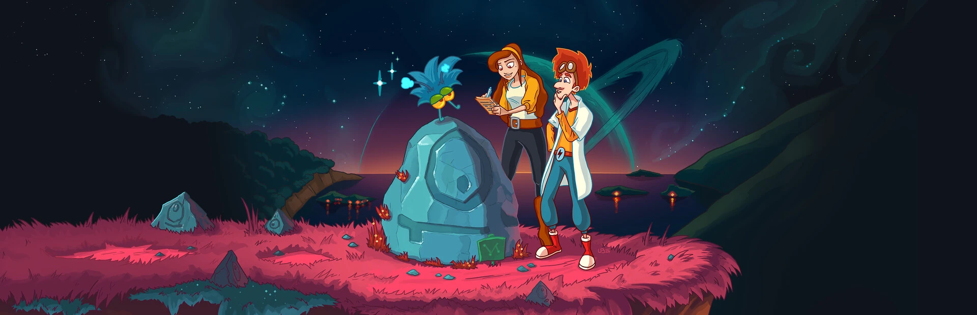 Peggie y Elroy de pie sobre una meseta de hierba rosa, junto a una roca azul tallada, bajo un cielo nocturno de otro planeta