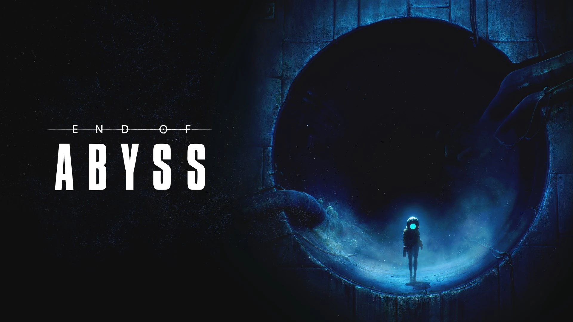 El título END OF ABYSS a la izquierda y, a la derecha, una figura pequeña con visor luminoso de pie en un túnel circular de metal, iluminado de azul