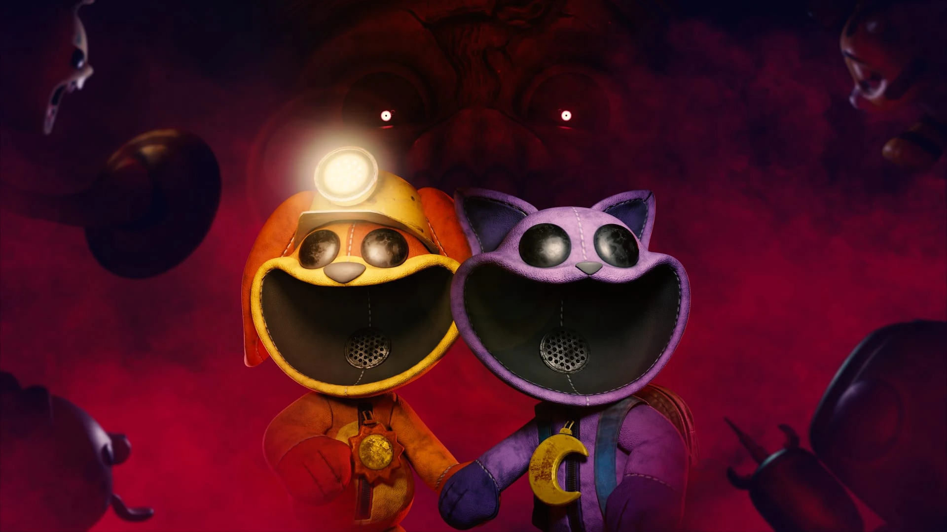 Dos Smiling Critters, un perro amarillo con casco de minero y un gato morado, sonríen en la penumbra roja mientras unos ojos brillan al fondo