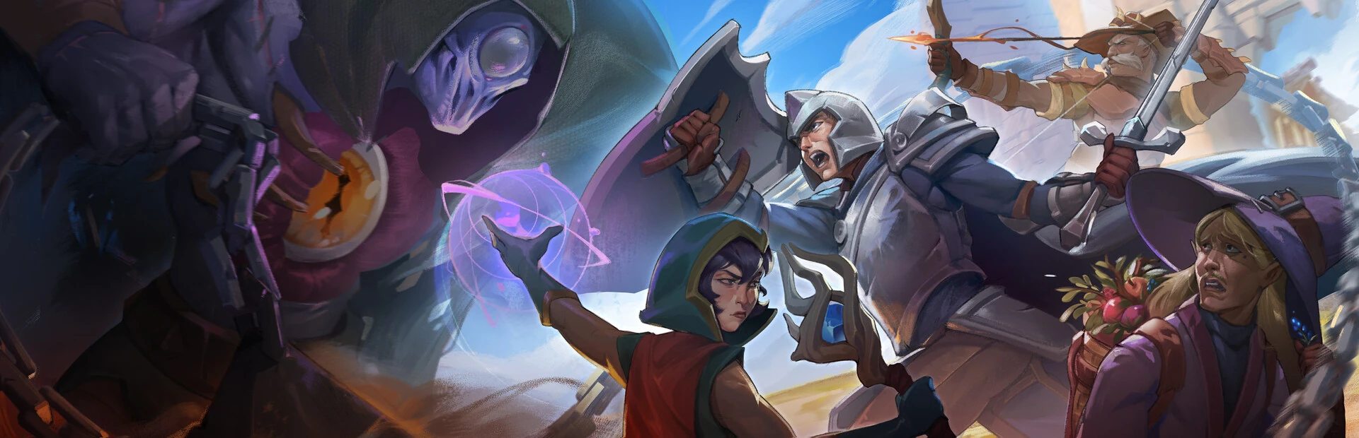 Ilustración de un grupo de aventureros —un caballero con armadura, una maga y una arquera— enfrentados a un no muerto encapuchado con magia morada