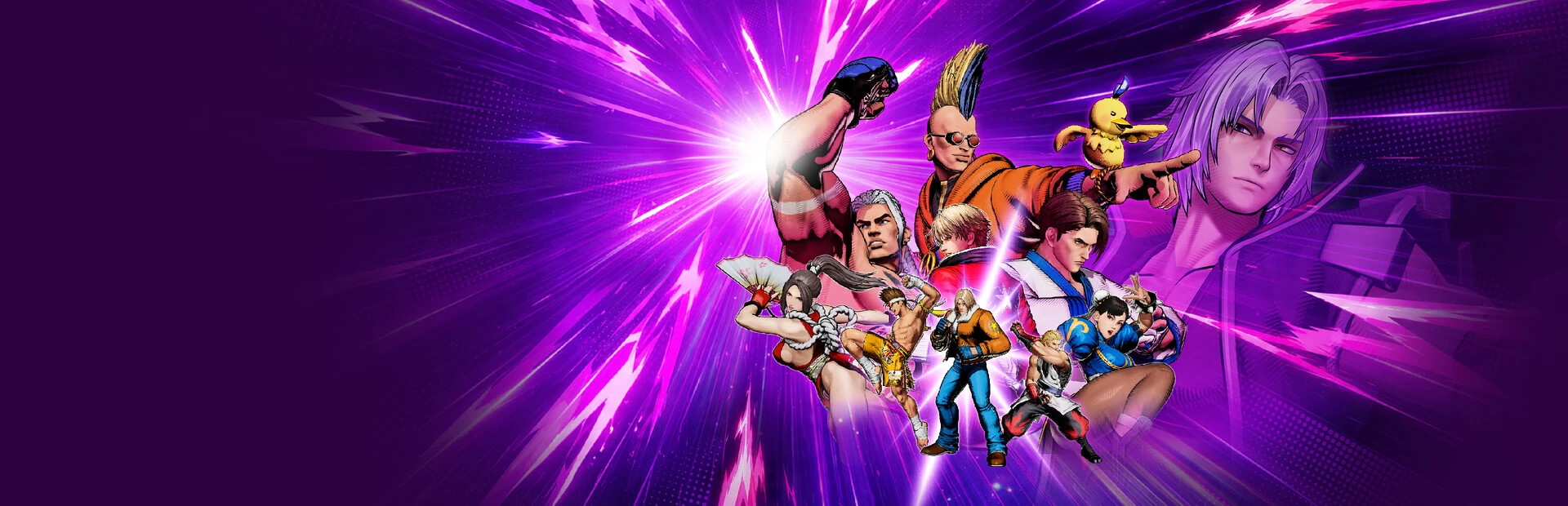 Los luchadores del juego en grupo, en mitad de un estallido de luz morada
