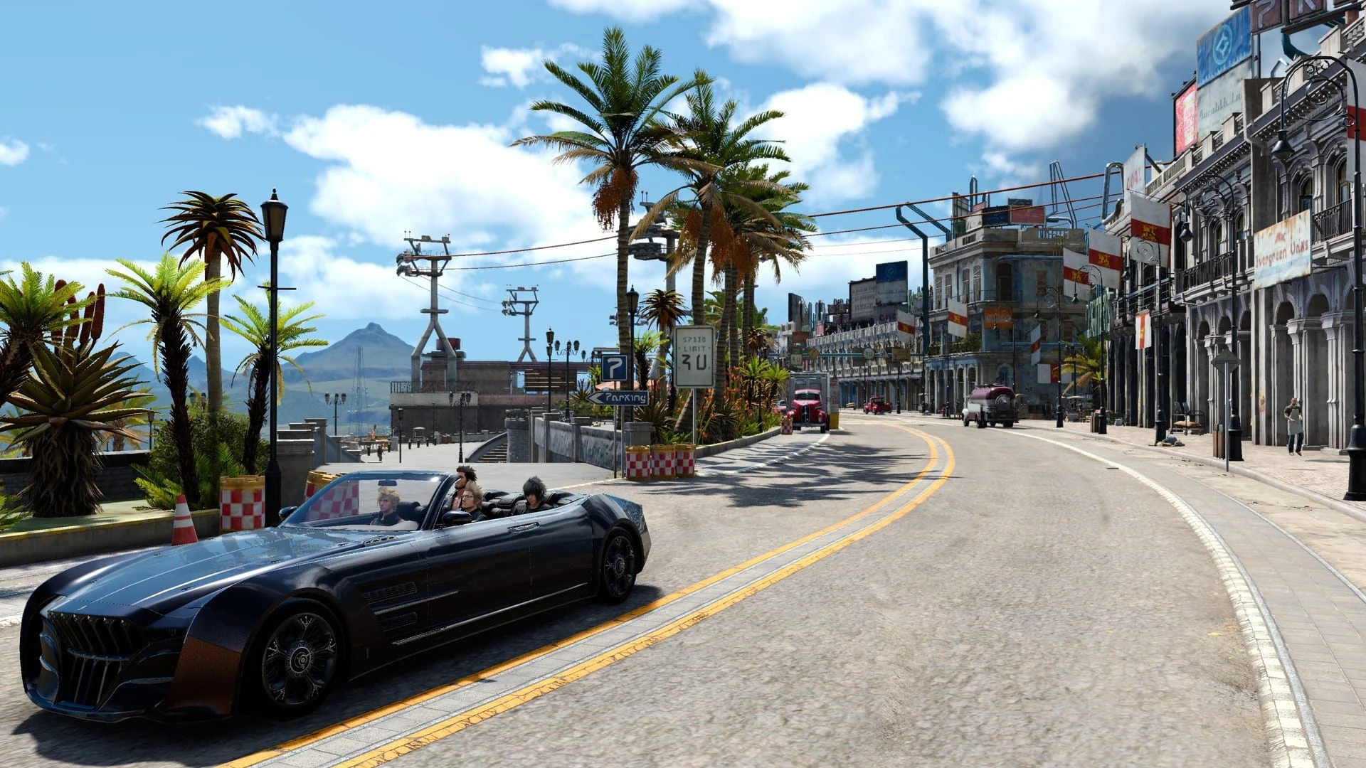 Noctis y sus tres amigos recorren en el Regalia, un descapotable negro, un paseo marítimo con palmeras y edificios coloniales
