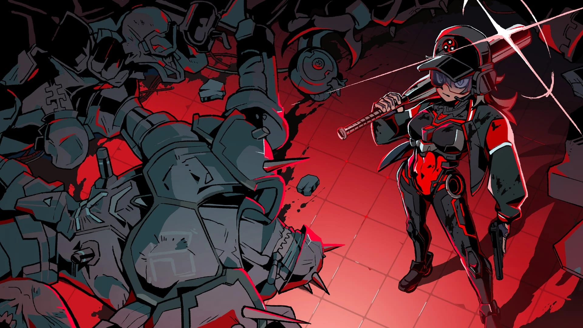 Kera, con gorra, gafas y traje de combate, con un bate al hombro y una pistola en la mano, junto a un montón de androides destrozados sobre un suelo rojo