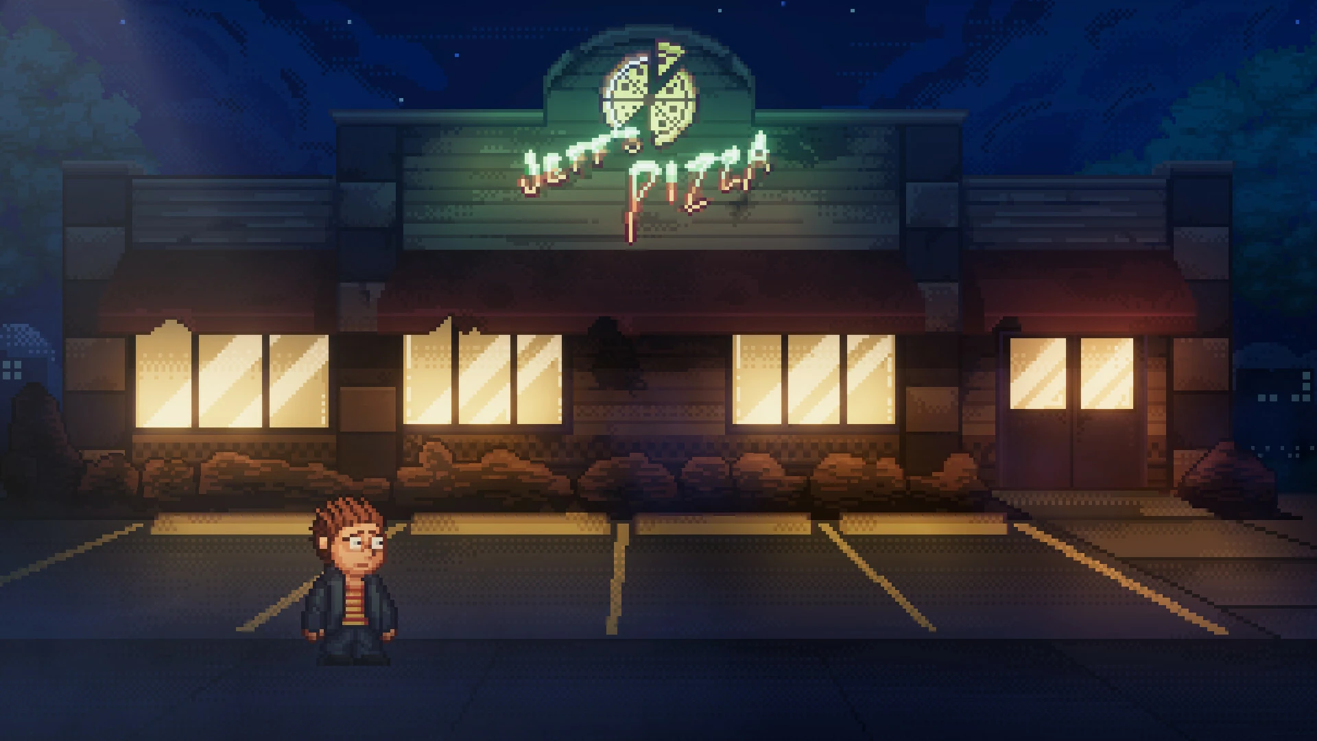 Oswald, un niño pelirrojo con chaqueta, de pie en el aparcamiento de noche ante la fachada iluminada de Jeff's Pizza