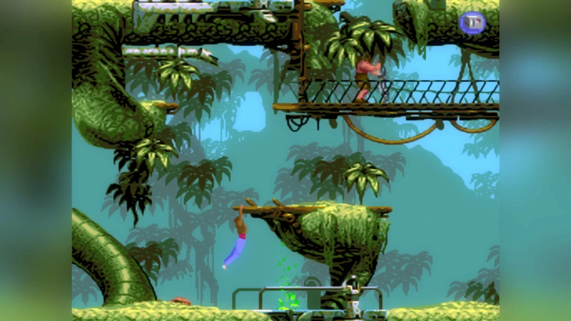 Una jungla de pixel art con troncos enormes y lianas; un hombre cuelga de un saliente y otro personaje cruza un puente colgante más arriba