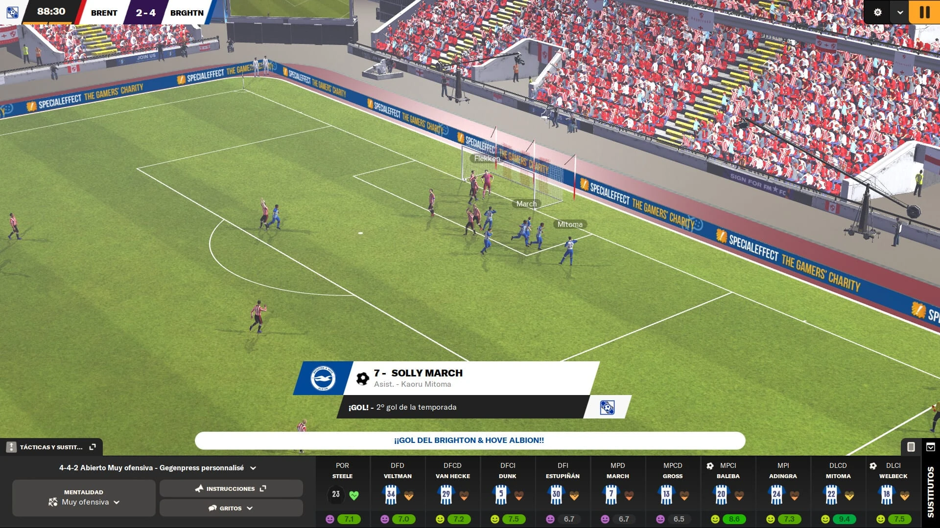 Partido en 3D visto desde lo alto de la grada, con el rótulo del gol de Solly March para el Brighton