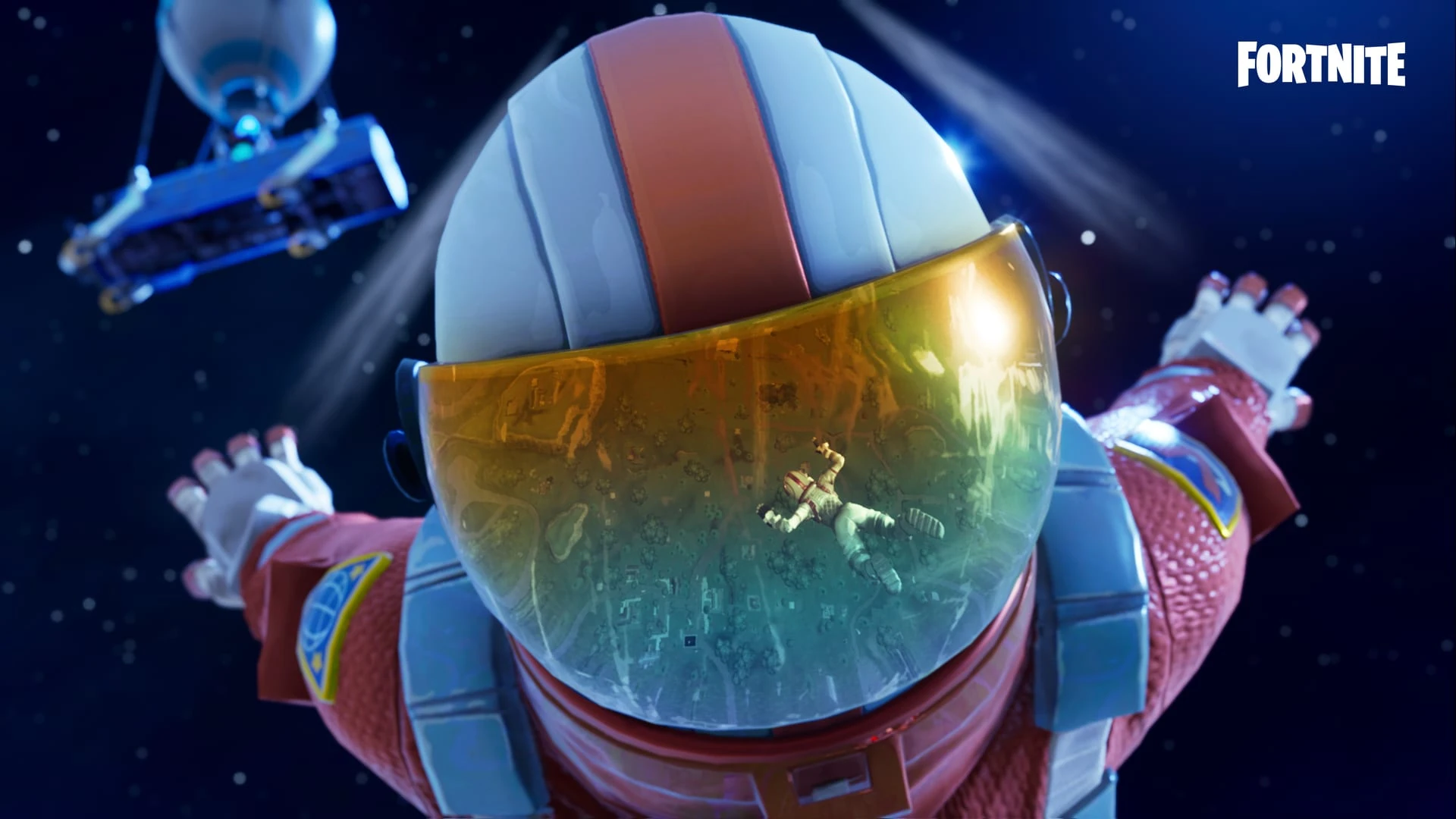 Un astronauta con el visor dorado flota en el espacio, con el autobús de batalla y su globo al fondo