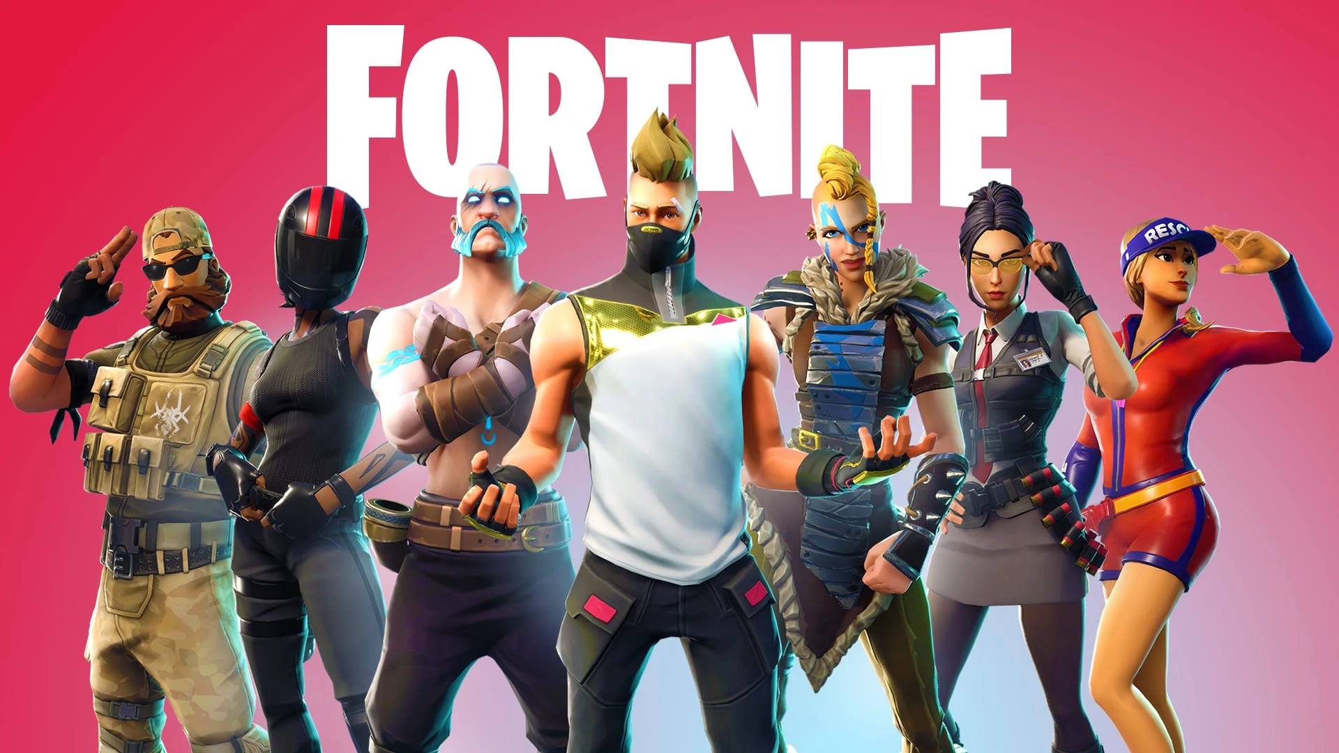 Ocho personajes del pase de la temporada 5 posan en fila bajo el logotipo de Fortnite, sobre fondo rojo