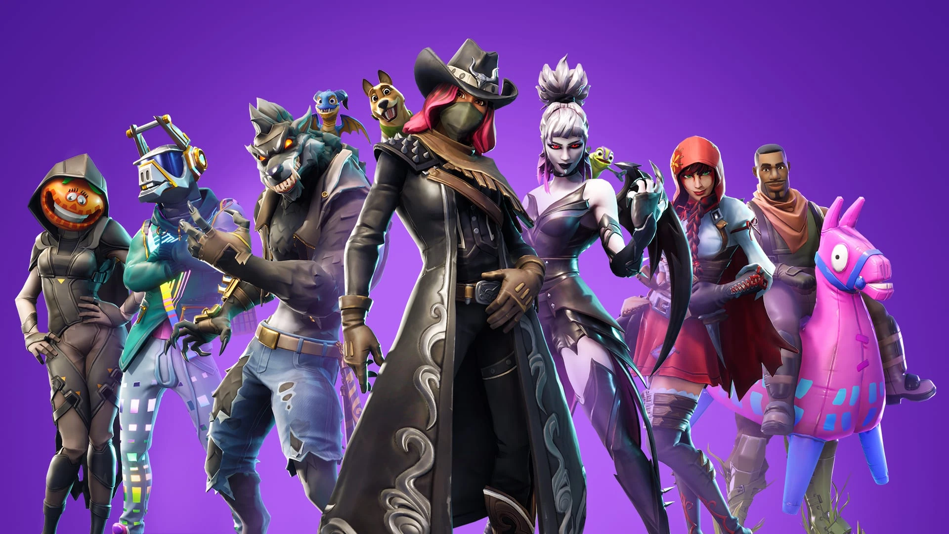 Los personajes de la temporada 6, entre ellos un hombre lobo y una pistolera con capa, junto a una llama rosa y mascotas