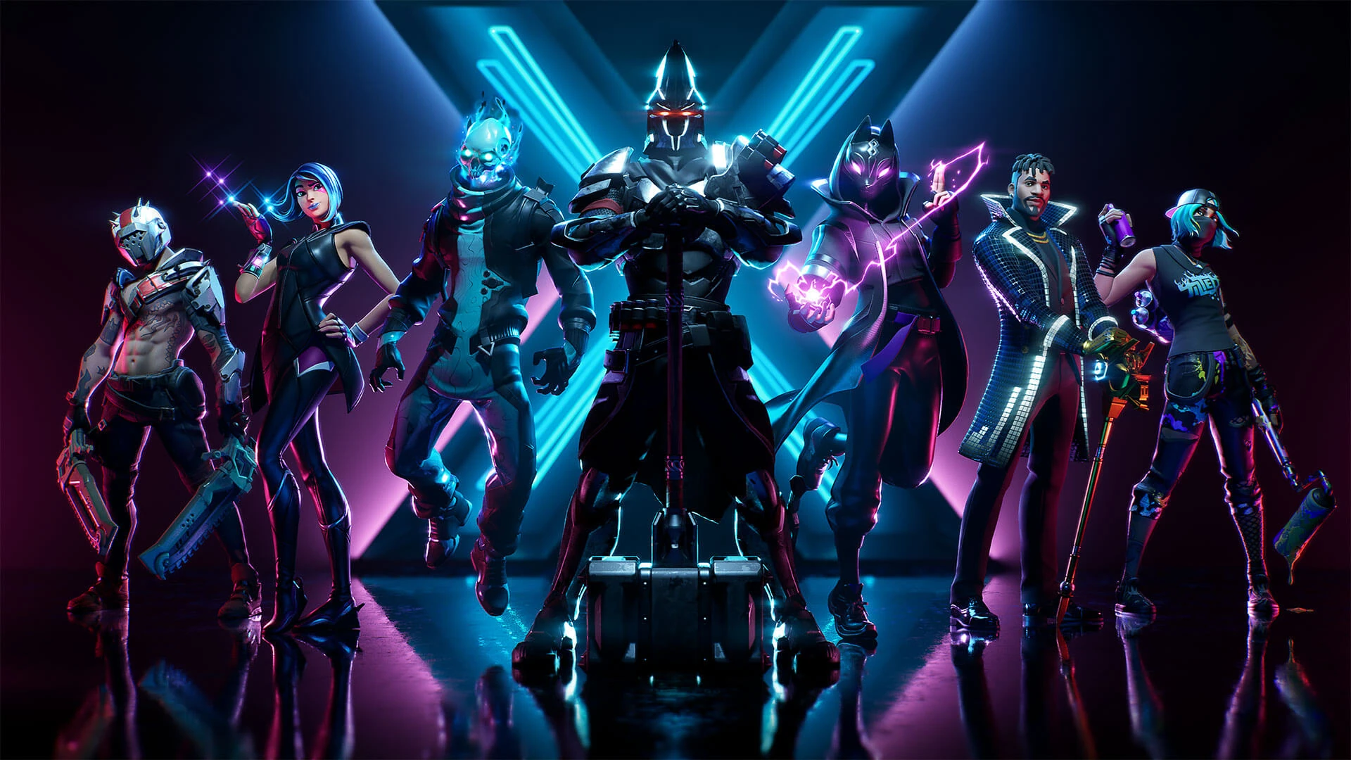 Los personajes de la temporada X, con luces de neón, posan ante una gran X azul en la oscuridad