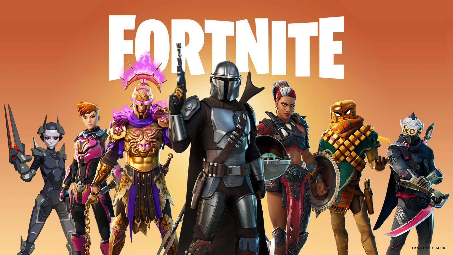 El Mandaloriano, con el Niño en brazos, rodeado de cazadores de otras realidades bajo el logotipo de Fortnite