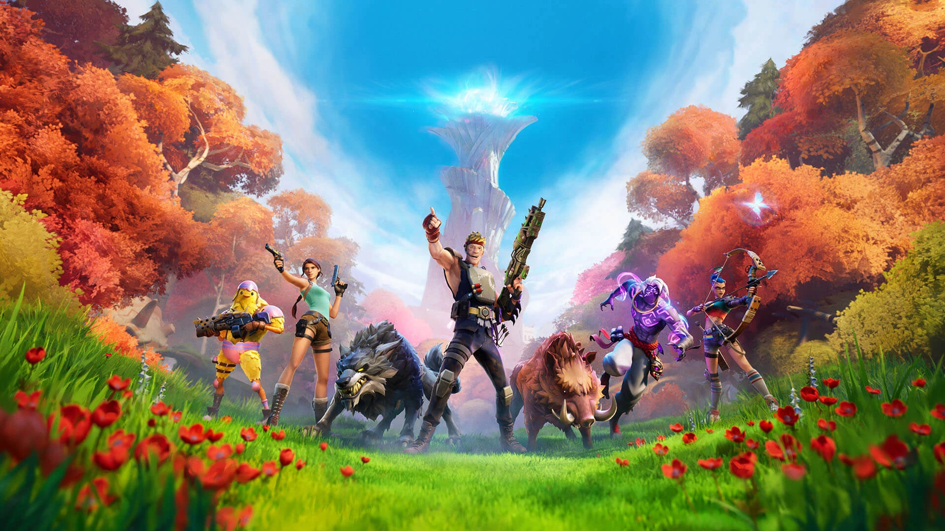 Lara Croft y otros personajes con un lobo y un jabalí en un prado de amapolas, con la Aguja al fondo