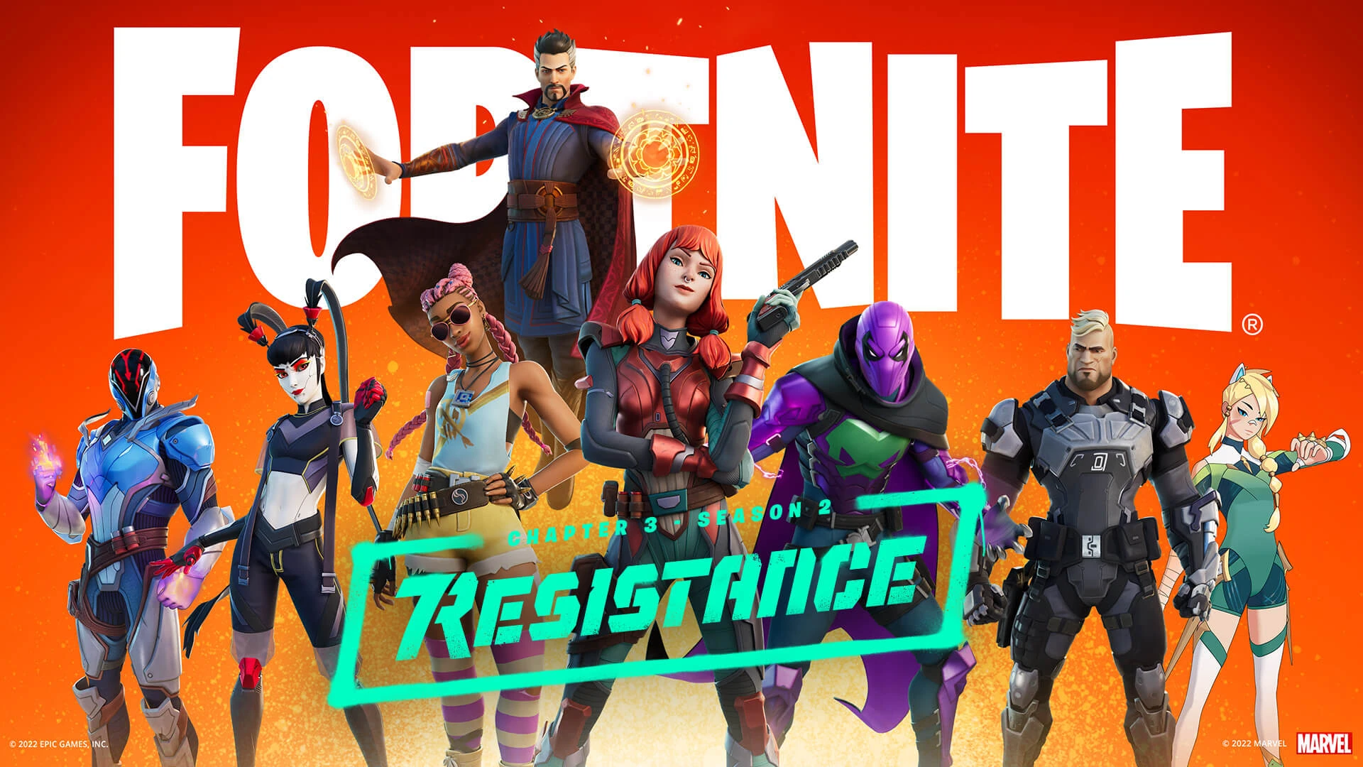 El Doctor Strange y los personajes del pase de Resistance bajo el logotipo de Fortnite, sobre fondo naranja