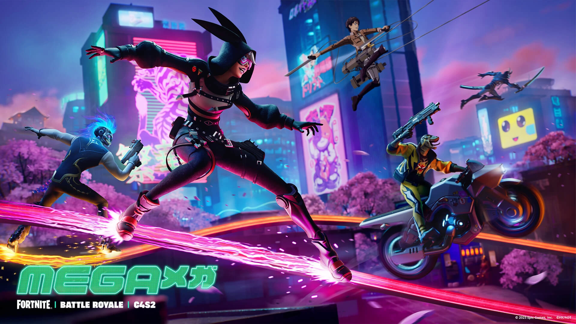 Una ninja salta sobre un raíl de neón en una ciudad futurista, con una moto y Eren Jaeger en el aire