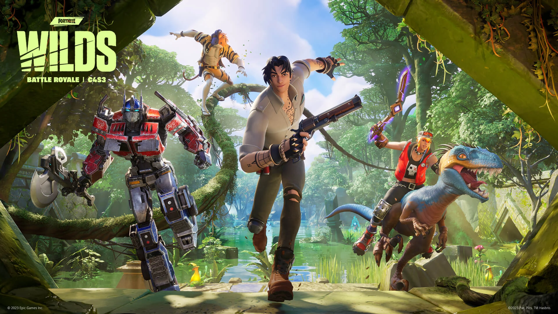 Optimus Prime, un aventurero y una chica a lomos de un raptor avanzan por una selva