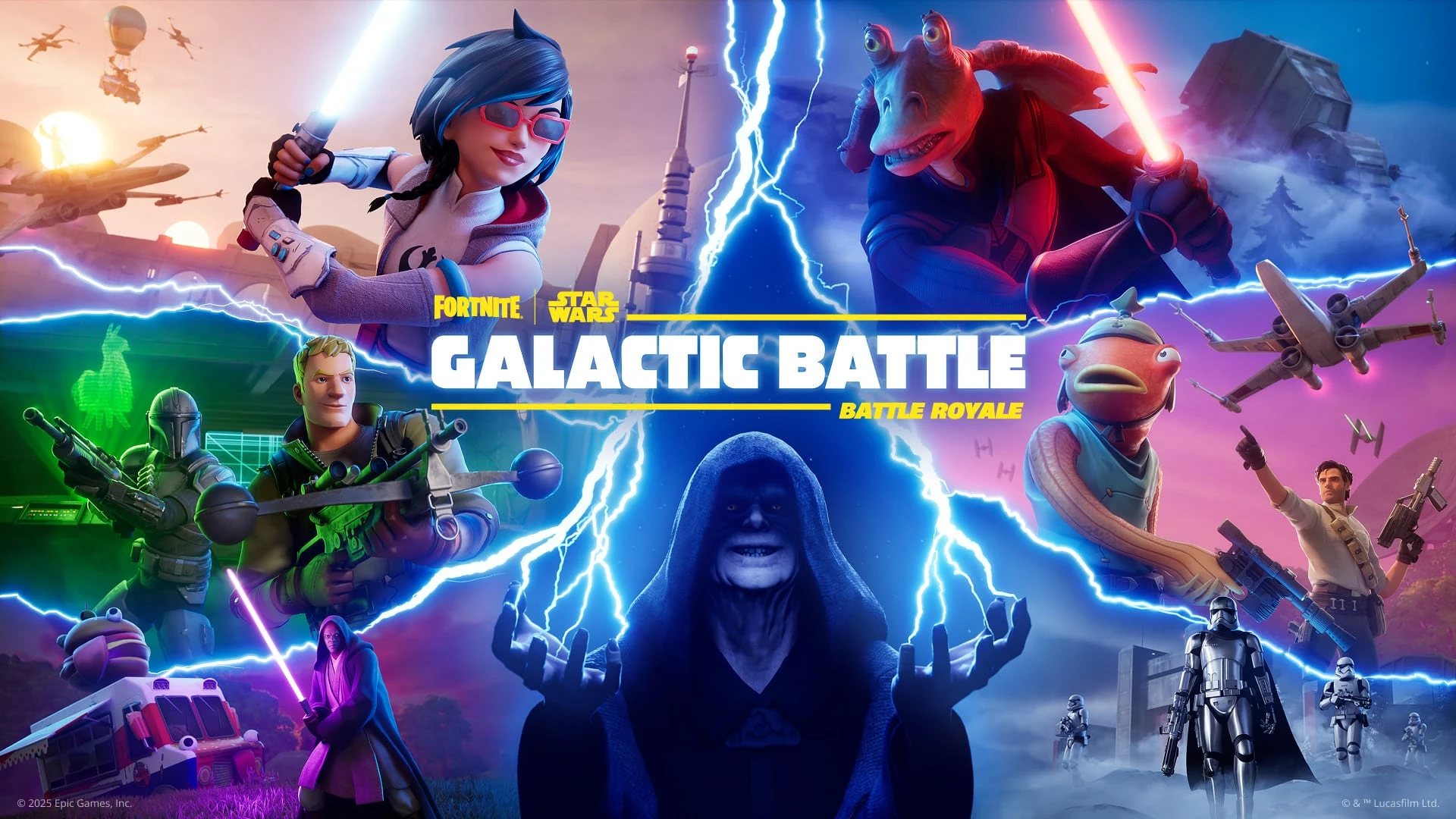 El emperador Palpatine lanza rayos entre personajes con sables de luz y cazas X-wing, bajo el rótulo Galactic Battle