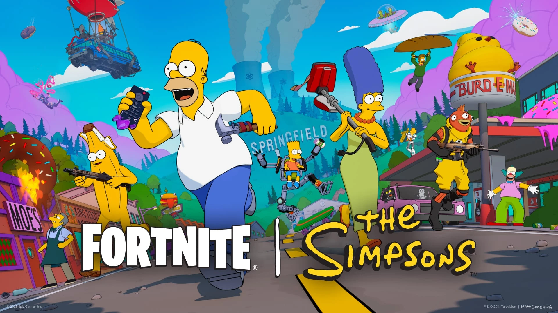Homer, Marge y otros personajes de Los Simpson corren por Springfield bajo el autobús de batalla