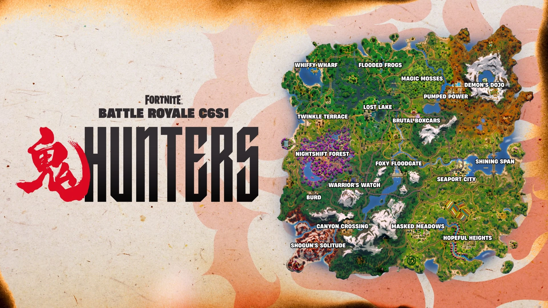 Mapa de la isla del capítulo 6 con los nombres de sus lugares, junto al rótulo de 鬼 Hunters
