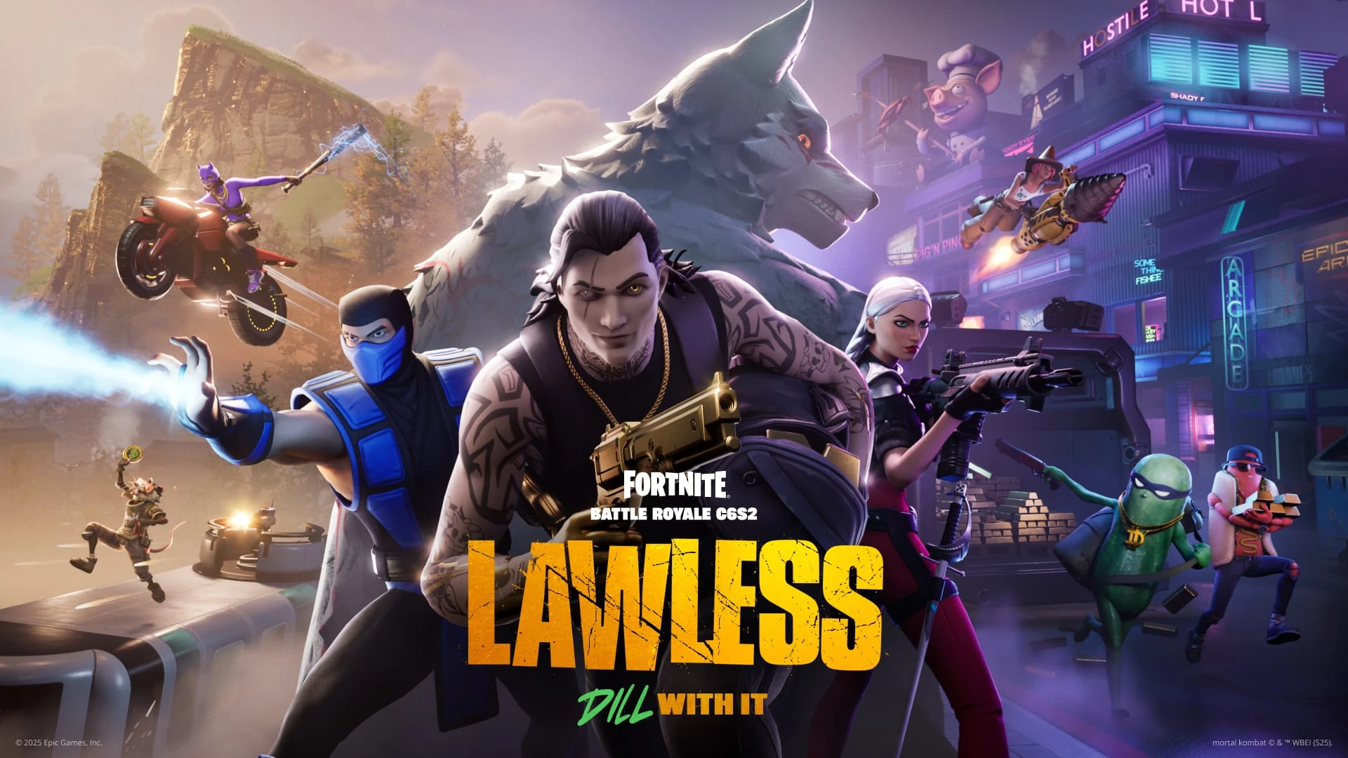 Un forajido con pistola dorada, Sub-Zero y un lobo gigante en una calle de neones, bajo el rótulo Lawless
