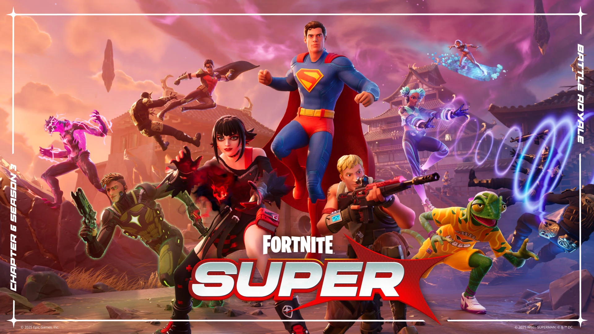 Superman y alumnos de una academia de héroes saltan al combate sobre el rótulo Super
