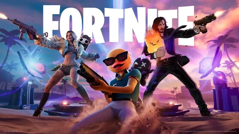 John Wick, una mujer con abrigo de piel y un pato con gafas de sol disparan bajo el logotipo de Fortnite