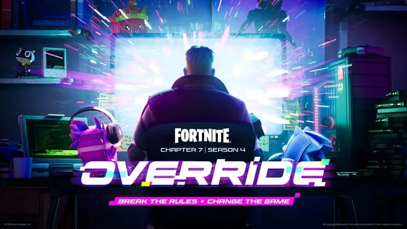 Un jugador de espaldas ante una pantalla que estalla en luz, con el rótulo Override del capítulo 7