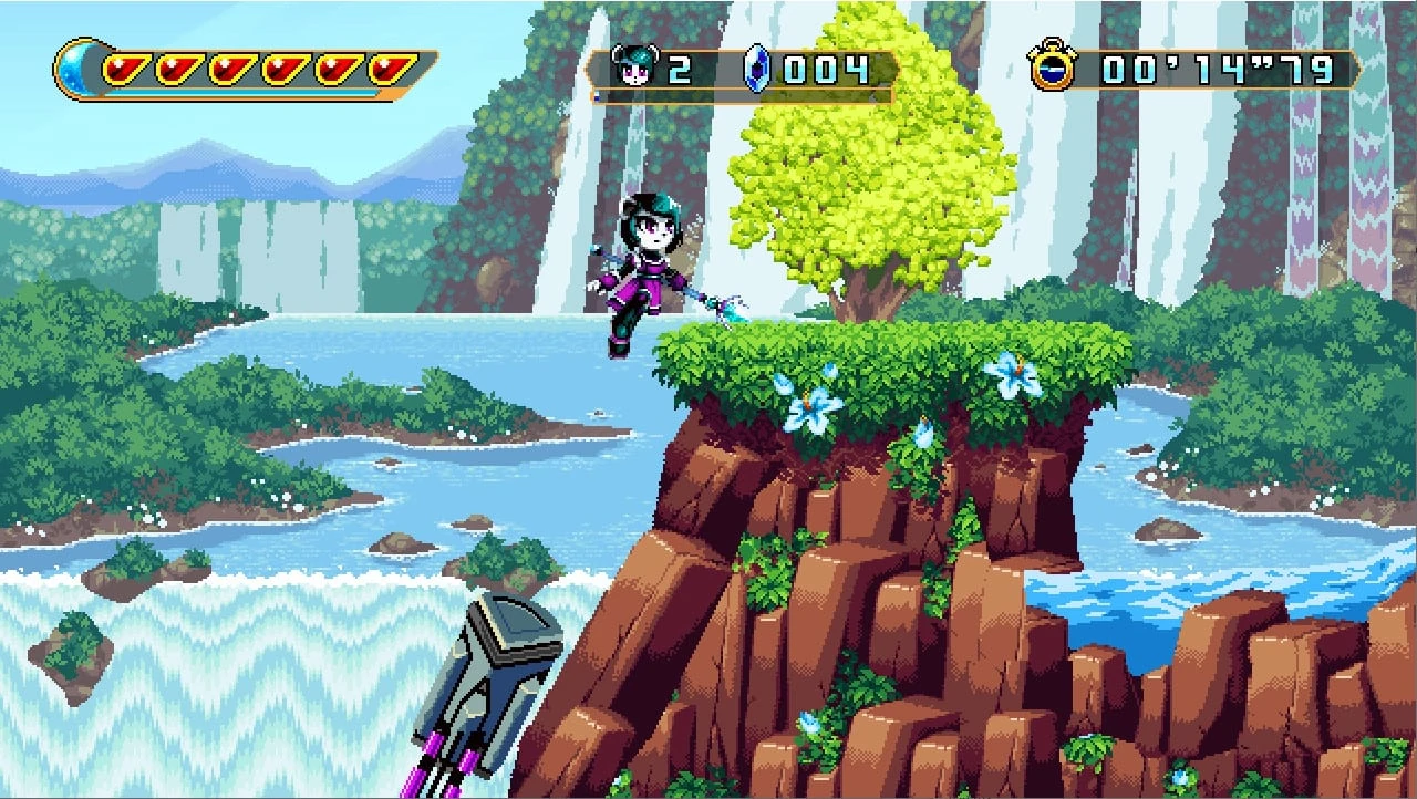Neera, con traje morado y una lanza, salta sobre un risco con un árbol amarillo, entre ríos y cascadas en pixel art
