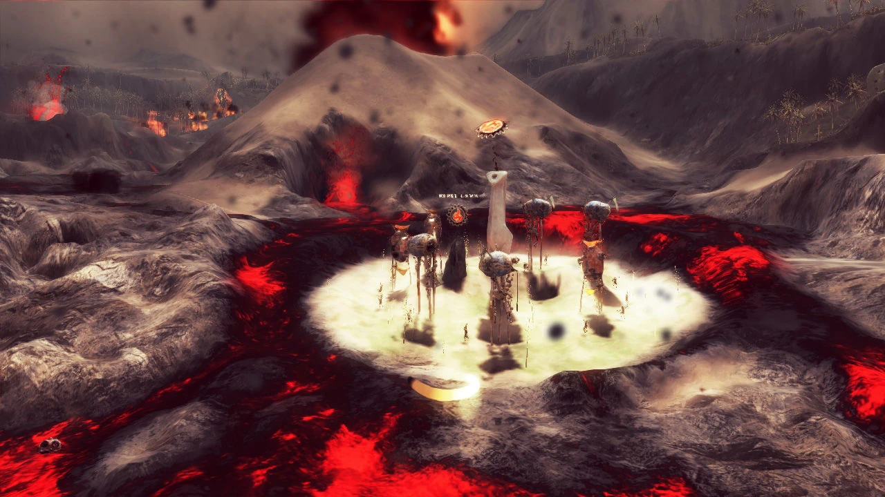 Una aldea de chozas sobre patas rodeada por un río de lava roja, al pie de un volcán en erupción