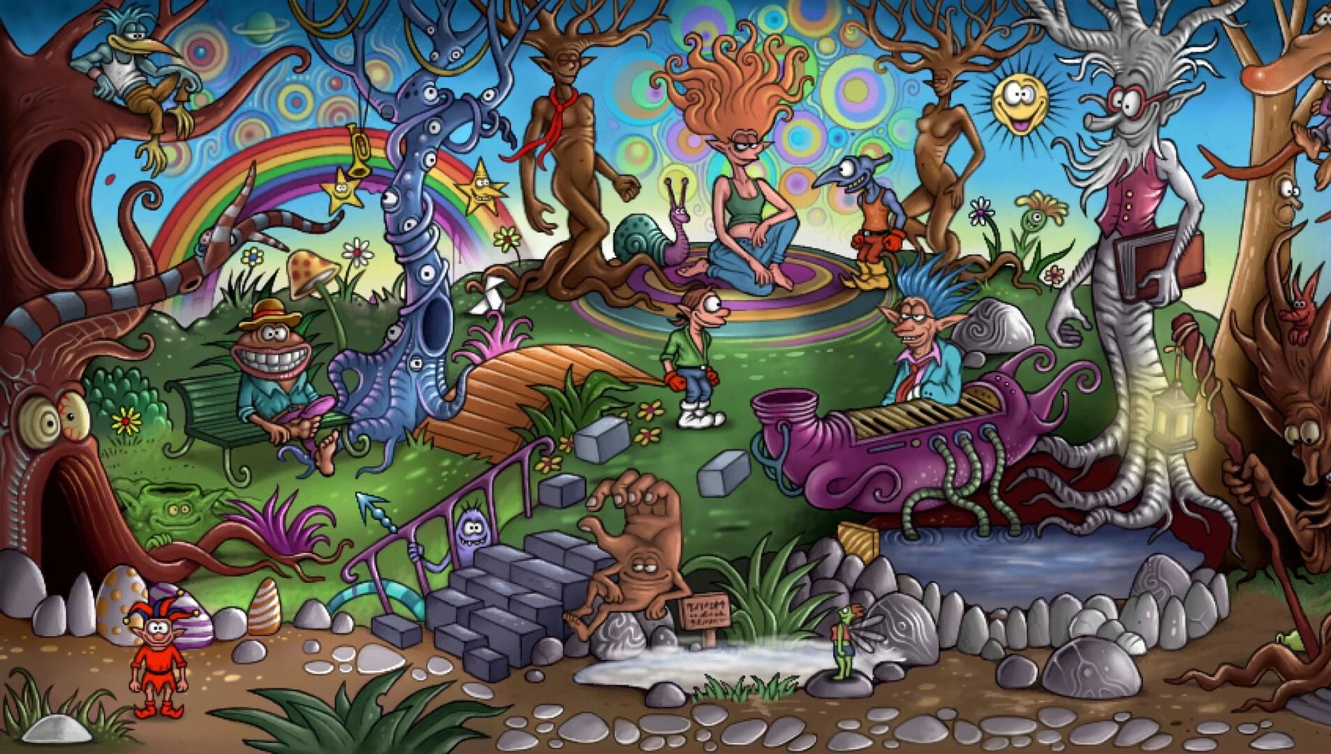 Claro surrealista con árboles con cara, un arcoíris y un órgano púrpura; varios goblins y criaturas