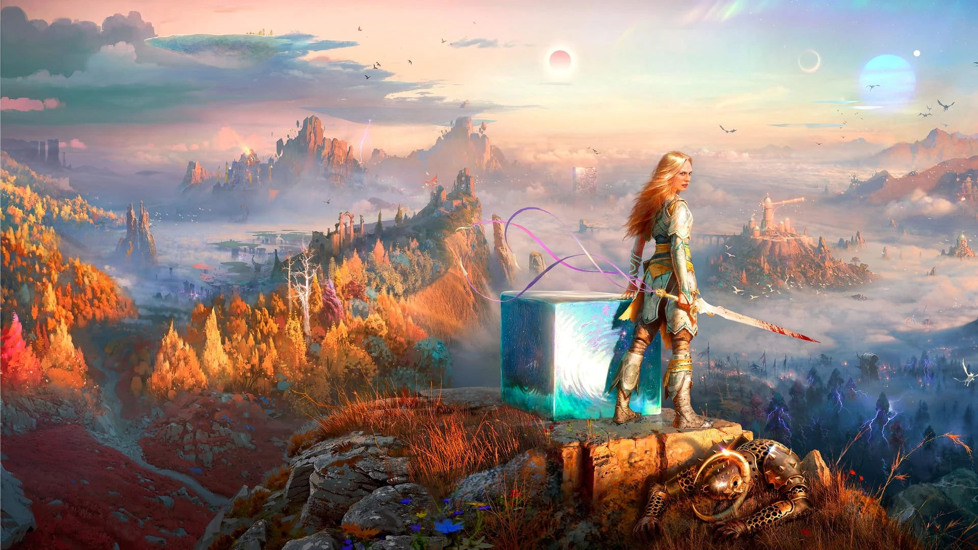 Faye, con espada y arco, de pie sobre una roca junto a un cubo translúcido, ante un valle de bosques otoñales entre nubes